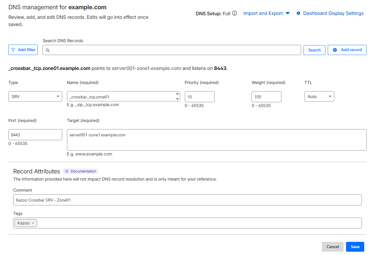 Example Cloudflare DNS SRV record for Crossbar